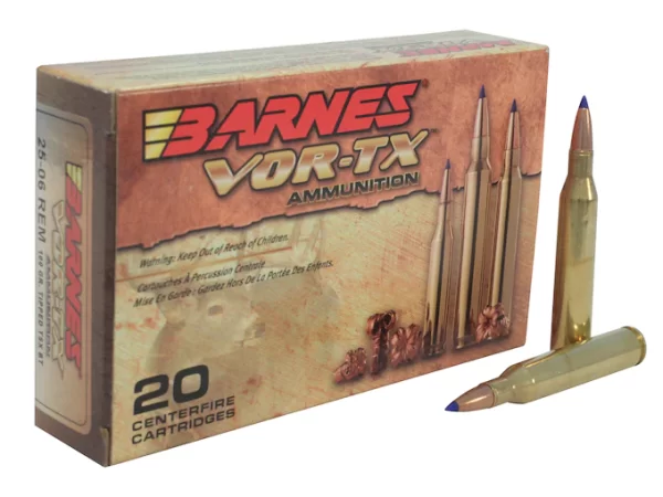 Product Information Cartridge 25-06 Remington Grain Weight 100 Grains Quantity 20 Round Muzzle Velocity 3225 Feet Per Second Muzzle Energy 2309 Foot Pounds Bullet Style Polymer Tip Bullet Brand And Model Barnes Tipped Triple-Shock X Lead Free Yes Case Type Brass Primer Boxer Corrosive No Reloadable Yes G1 Ballistic Coefficient 0.357 Sectional Density 0.216 Velocity Rating Supersonic Country of Origin United States of America