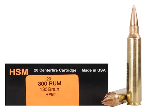 HSM Trophy Gold Ammunition 300 Remington Ultra Magnum 185 Grain Berger Hunting VLD Hollow Point Boat Tail Box of 200 rounds