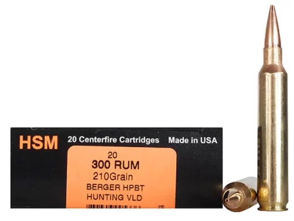 HSM Trophy Gold Ammunition 300 Remington Ultra Magnum 210 Grain Berger Hunting VLD Hollow Point Boat Tail Box of 200 rounds