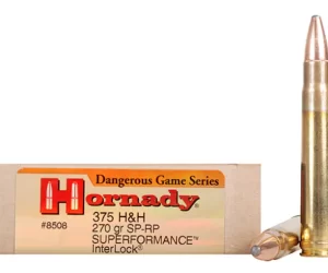 Hornady Dangerous Game Superformance Ammunition 375 H&H Magnum 270 Grain Spire Point Recoil Proof Box of 200 Rounds