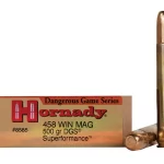 Hornady Dangerous Game Superformance Ammunition 458 Winchester Magnum 500 Grain DGS Solid Round Nose Box of 200 rounds