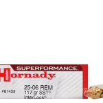 Product Information Cartridge 25-06 Remington Grain Weight 117 Grains Quantity 20 Round Muzzle Velocity 3110 Feet Per Second Muzzle Energy 2512 Foot Pounds Bullet Style Polymer Tip Bullet Brand And Model Hornady SST (Super Shock Tip) Lead Free No Case Type Brass Primer Boxer Corrosive No Reloadable Yes G1 Ballistic Coefficient 0.39 Sectional Density 0.253 Velocity Rating Supersonic Country of Origin United States of America
